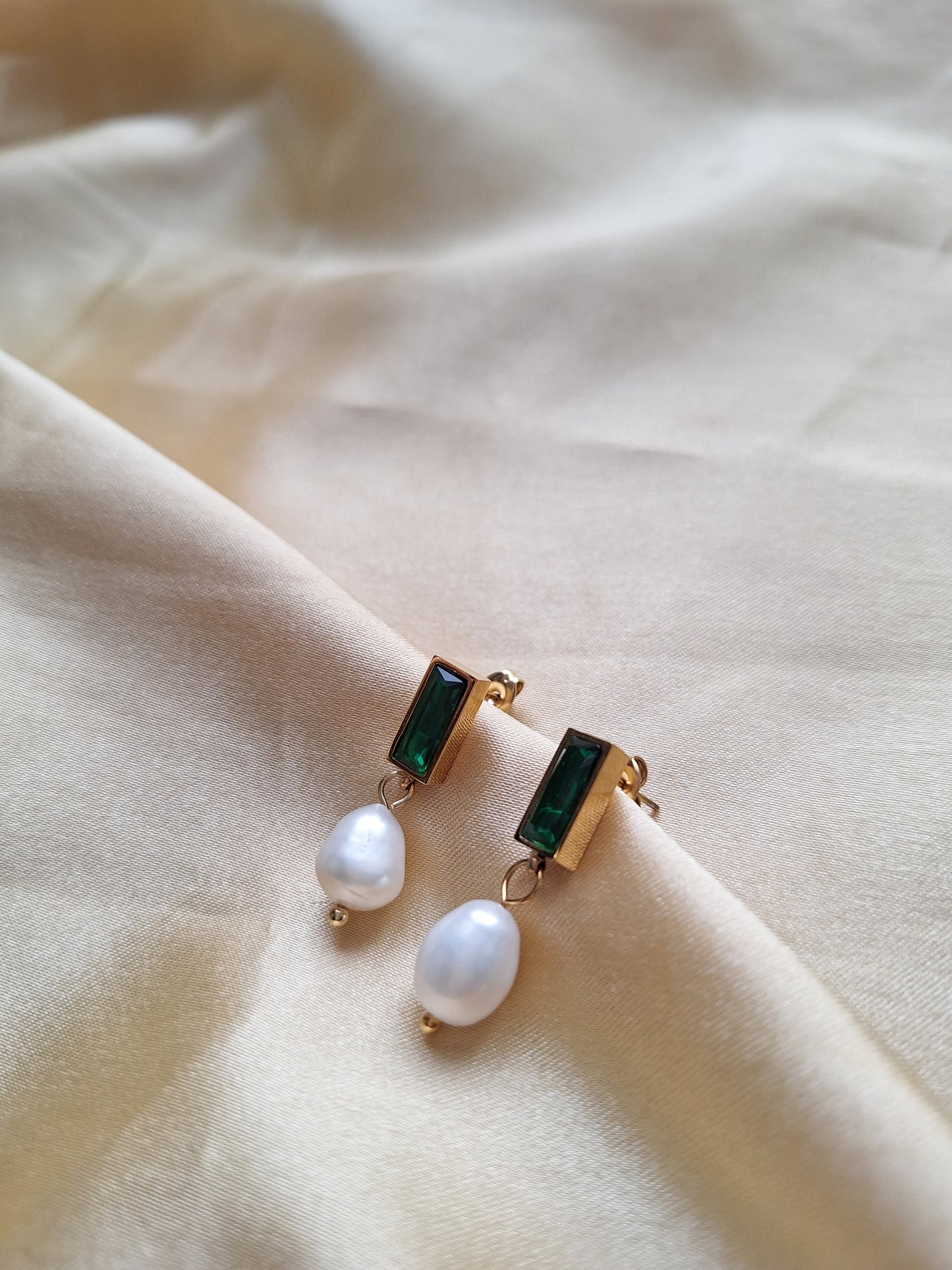 Green Gemstone Freshwater Pearl Drop Earrings