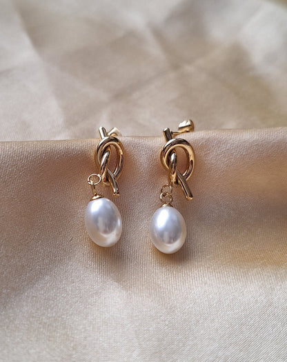 Shell Pearl Drop Knotted Stud Earrings
