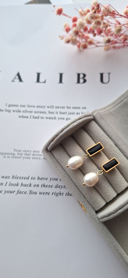 Black Gemstone Freshwater Pearl Drop Earrings