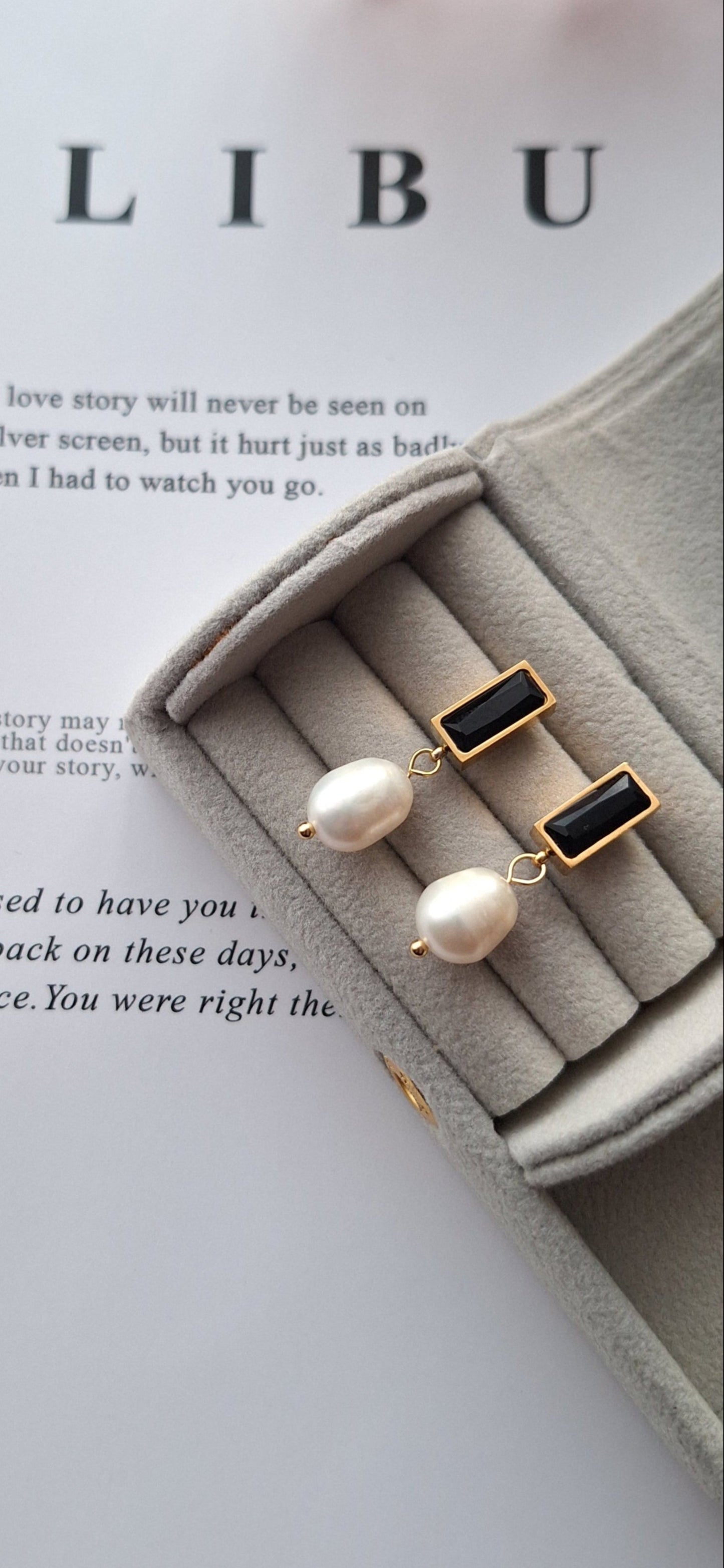 Black Gemstone Freshwater Pearl Drop Earrings