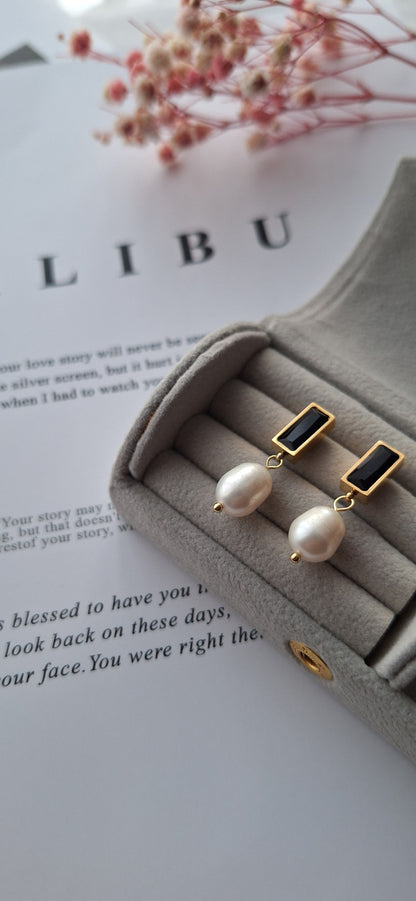 Black Gemstone Freshwater Pearl Drop Earrings