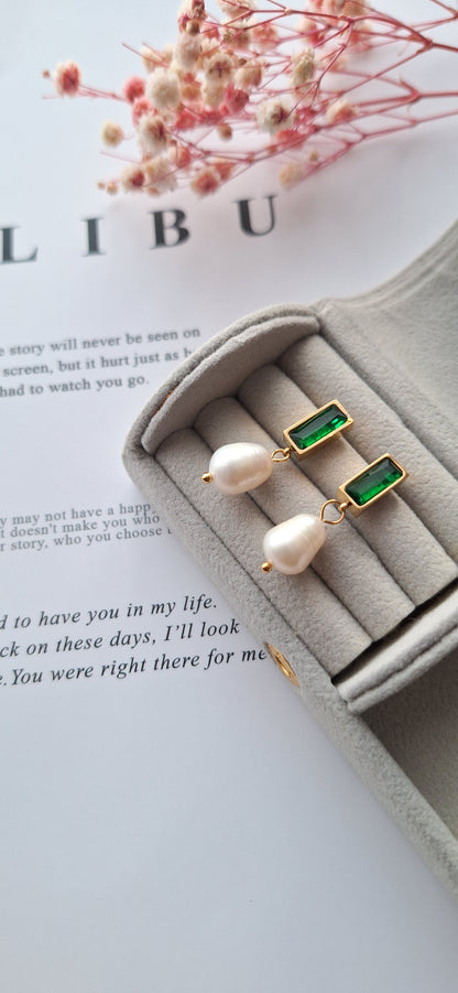 Green Gemstone Freshwater Pearl Drop Earrings