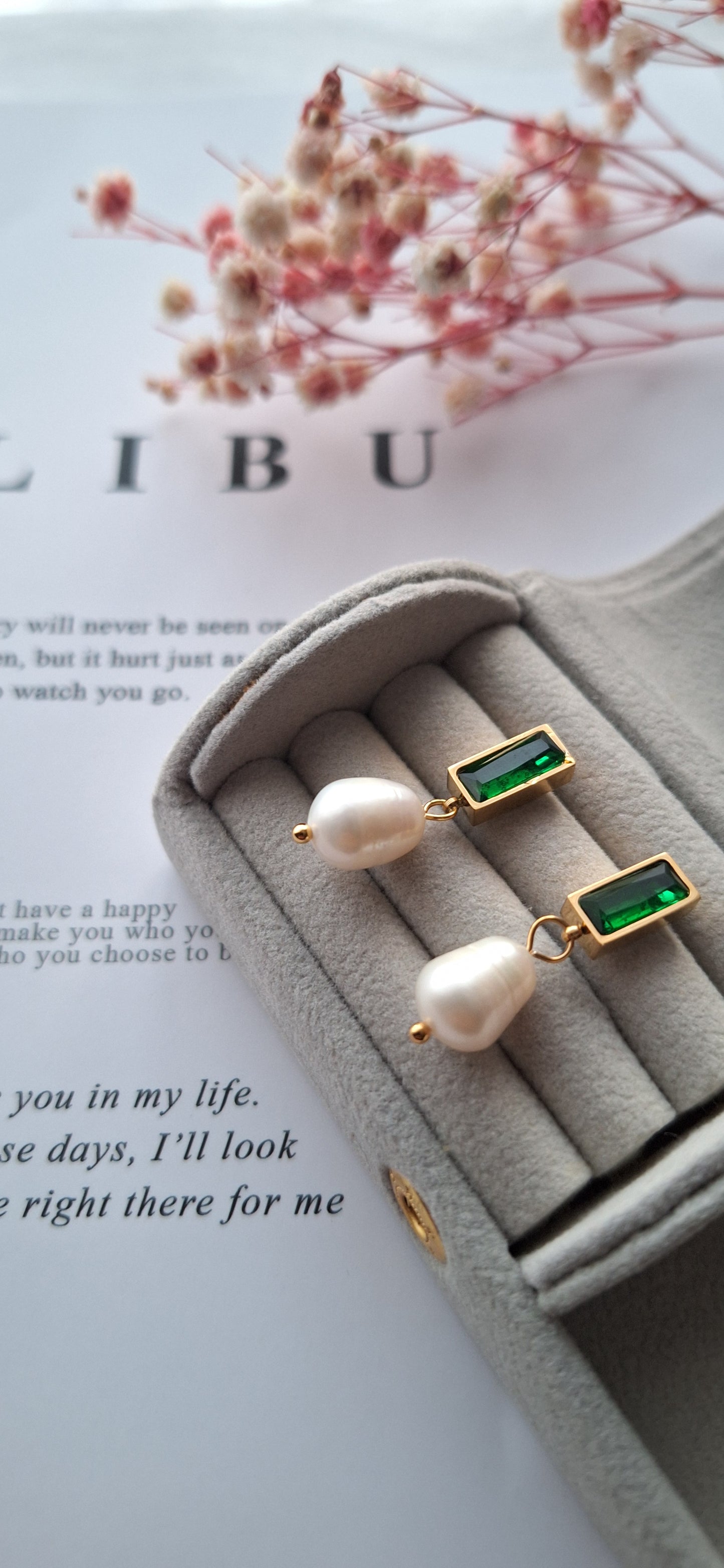 Green Gemstone Freshwater Pearl Drop Earrings